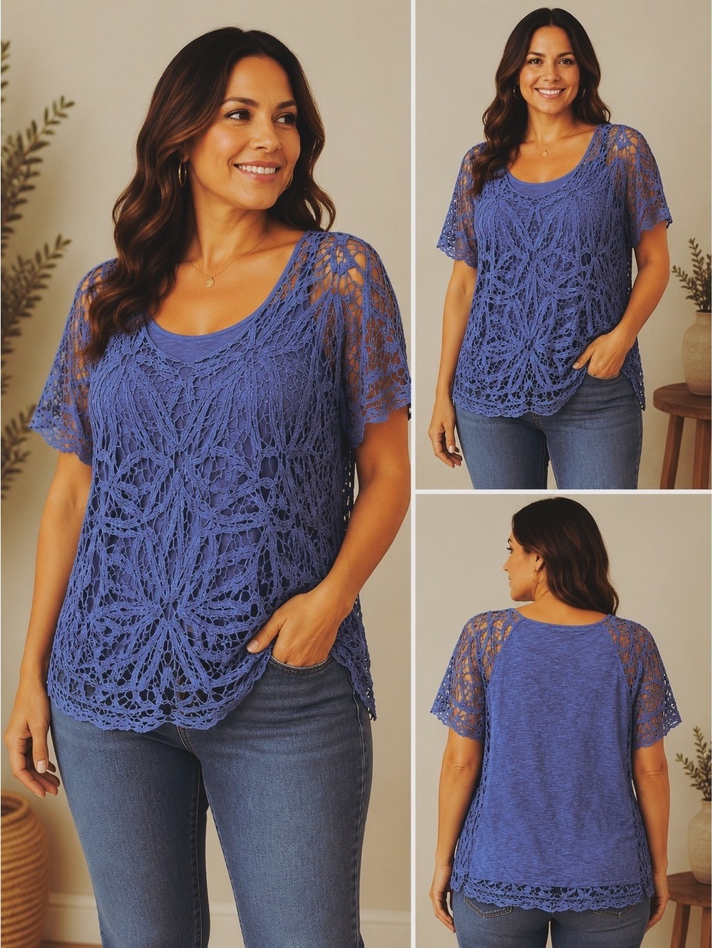 Blue Lace Overlay Short Sleeve Top